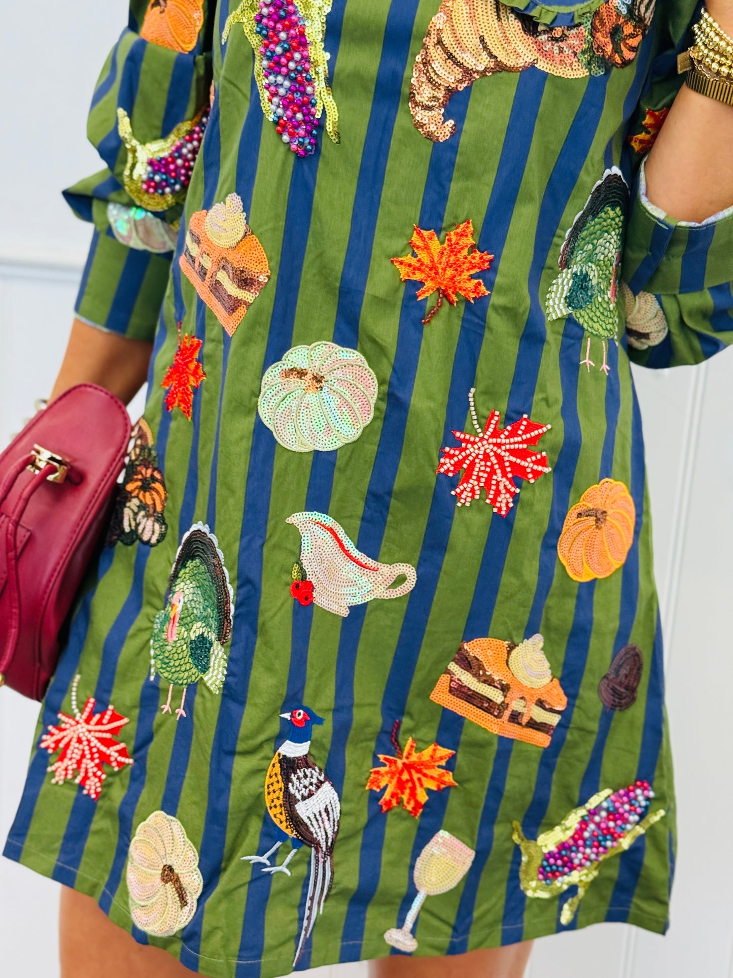 Queen Of Sparkles Dk Green/Blue Striped Thanksgiving Icon Dress (Reg. and Plus)