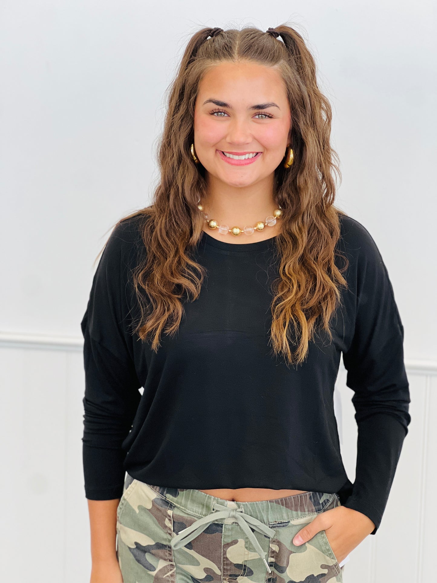 Curved Hem Long Sleeve Top (Reg.)-5 Colors
