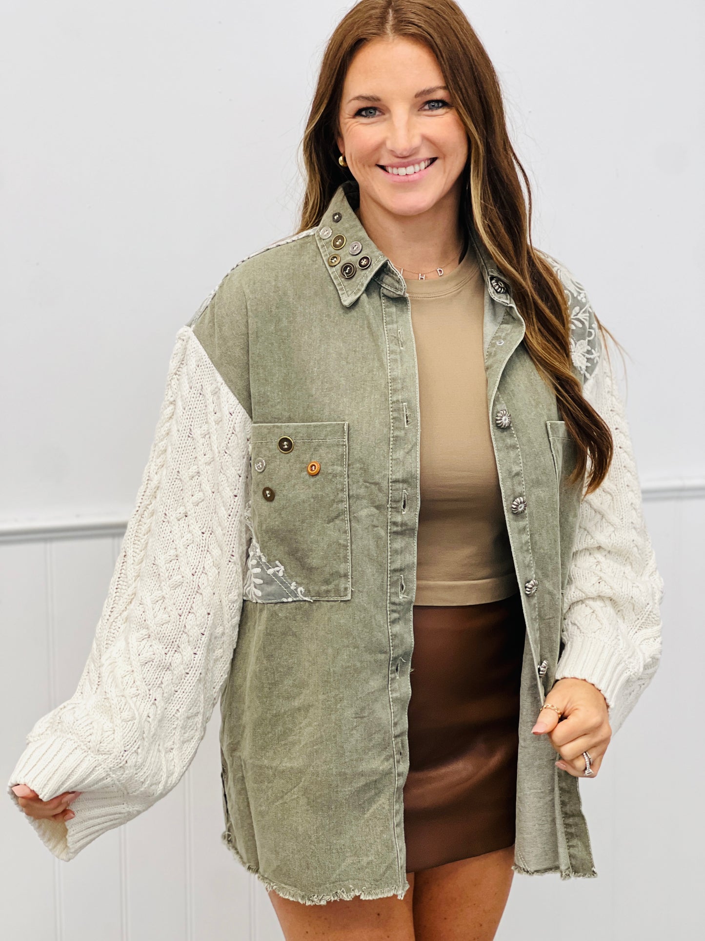 POL Olive Twill & Lace Sweater Sleeve Shacket (Reg.)