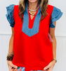 Denim Contrast Flare Sleeve Top (Reg.)-2 Colors