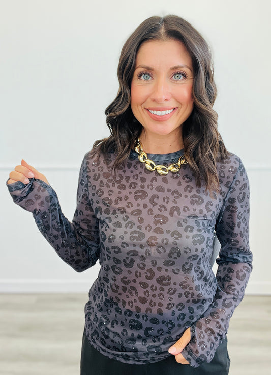 Black Leopard Mesh Long Sleeve Top (Reg. and Plus)