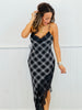 Black Plaid Chiffon Asymmetric Hem Maxi Dress (Reg.)