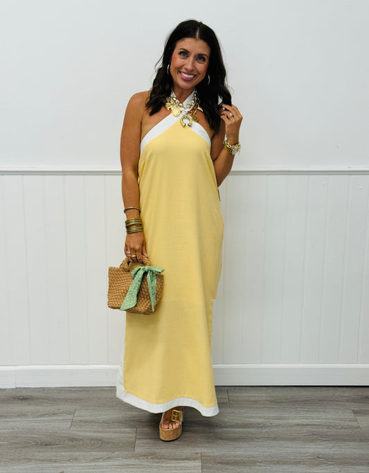 Lemon Contrast Trim Halter Midi Dress (Reg.)