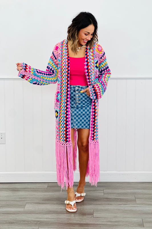 Pink Crochet Fringe Cardigan (Reg & Plus)