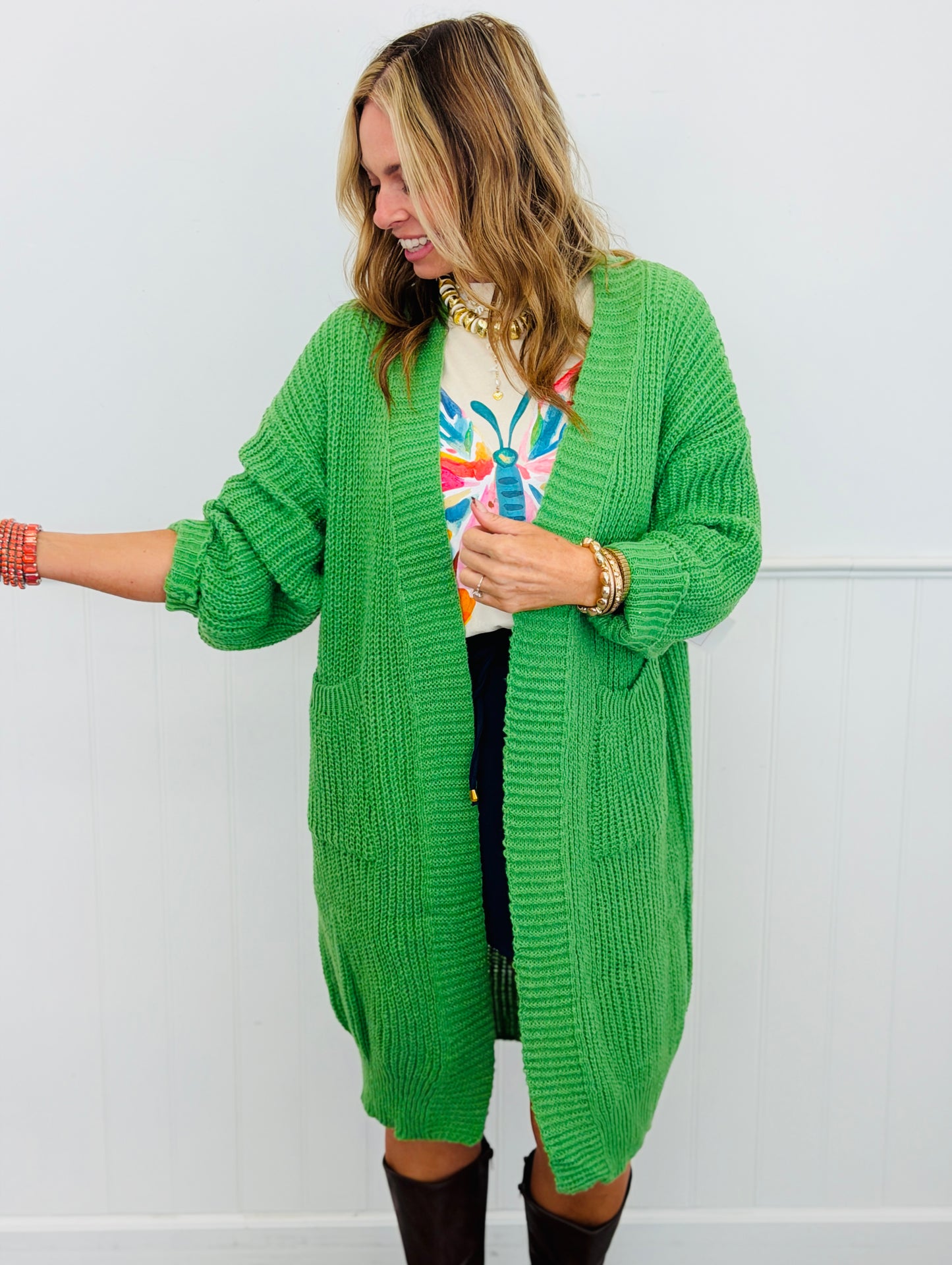 Green Longline Open Front Sweater Cardigan (Reg.)