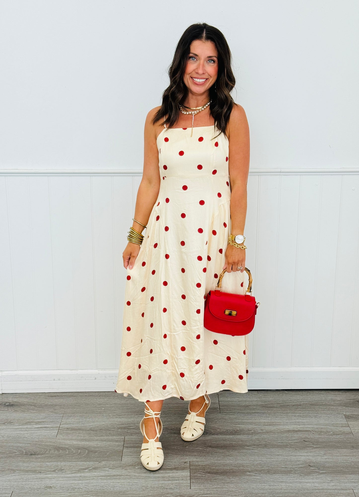 Cream/Red Polka Dot Midi Dress (Reg & Plus)