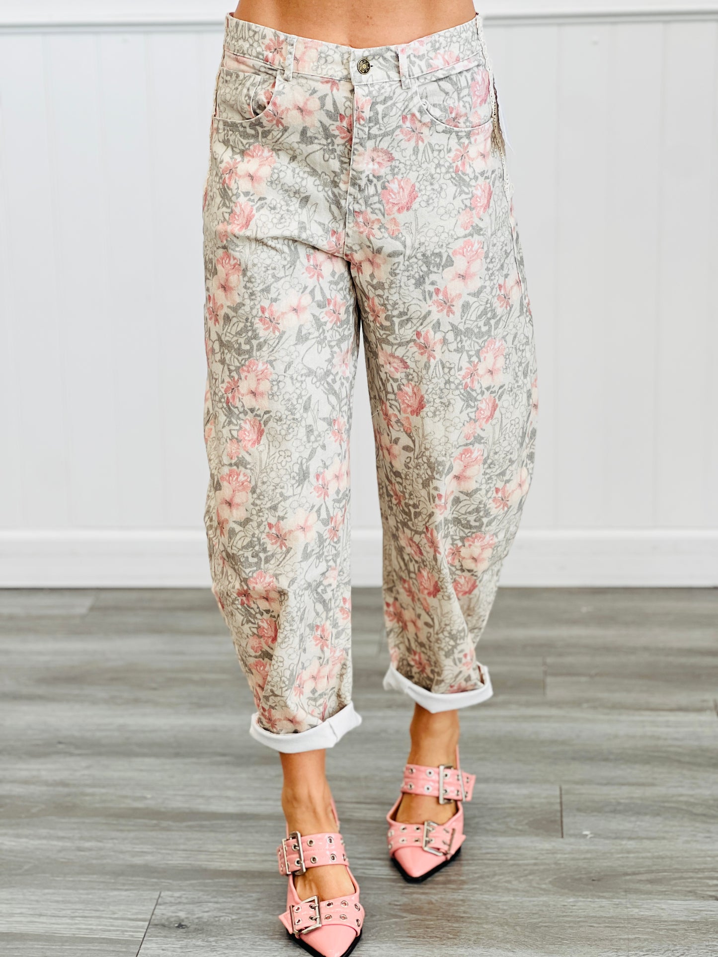 Khaki Floral Print Barrel Pants (Reg & Plus)
