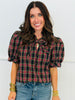 Plaid Tie Neck Puff Sleeve Top (Reg.) - 4 Colors