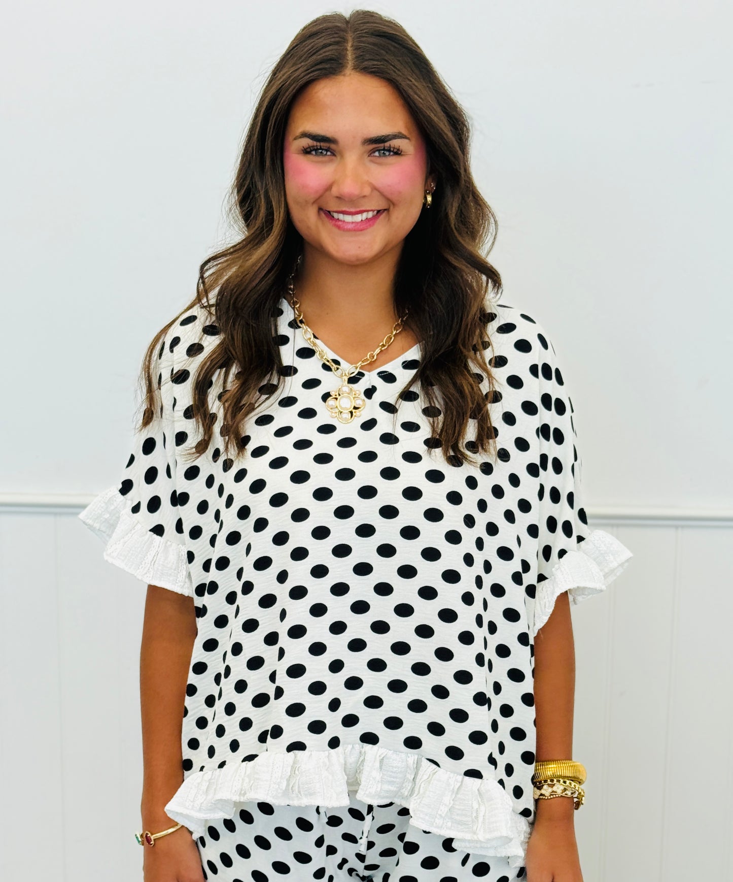 White/Black Polka Dot Ruffle Hem Blouse (Reg. and Plus)