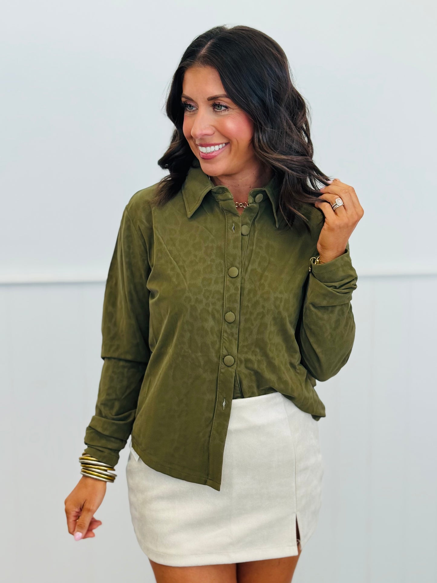 Faux Leopard Button Up Long Sleeve Top (Reg.) - 3 Colors