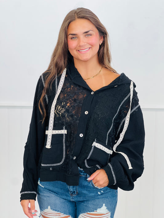 POL Black Balloon Sleeve Lace Shacket