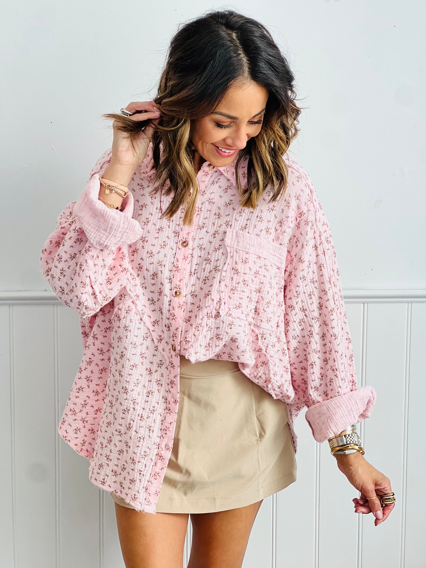 Floral Gauze Button Down Shirt (Reg. and Plus) - 2 Colors