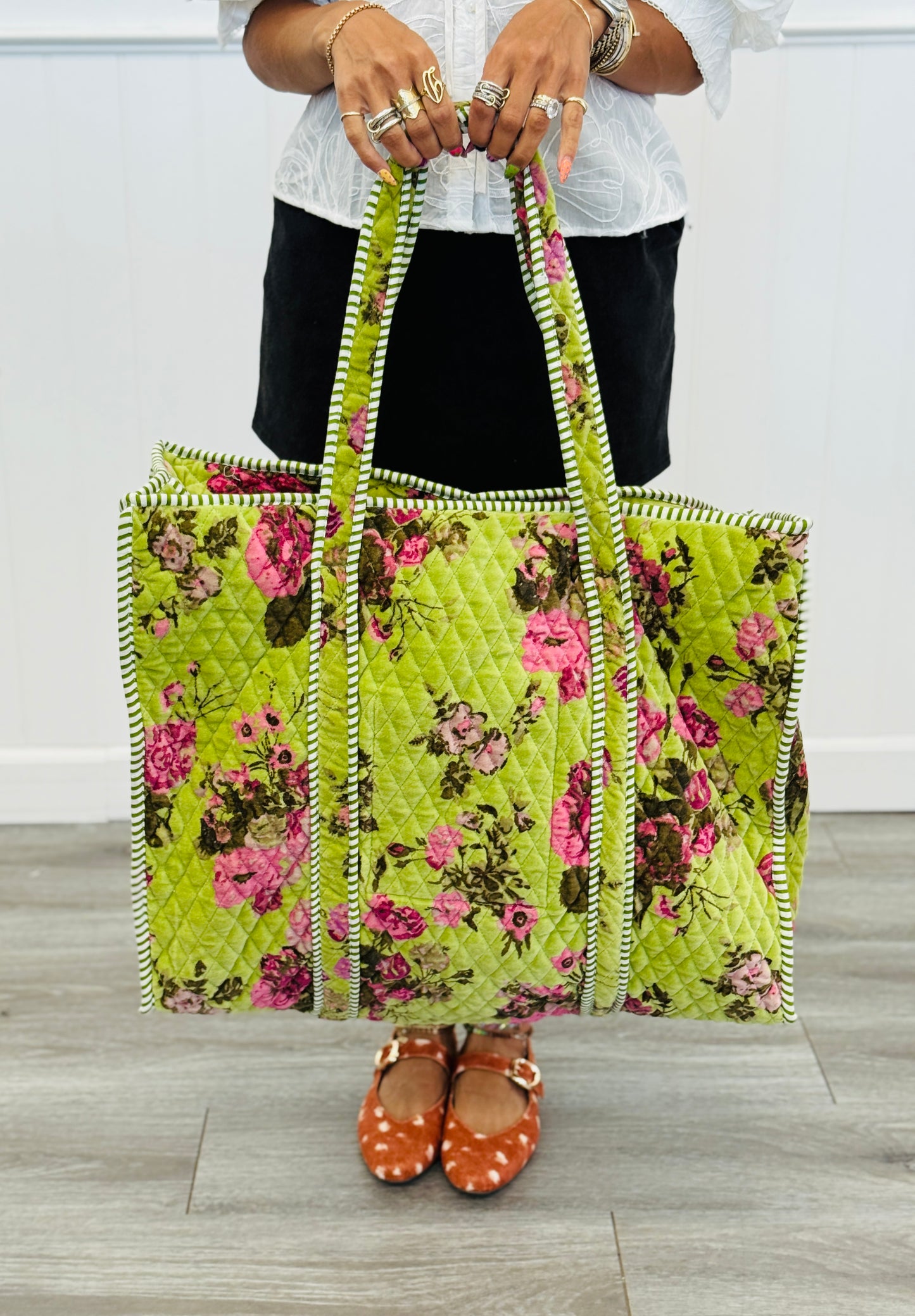 POL Lime Velvet Floral Print Tote Bag