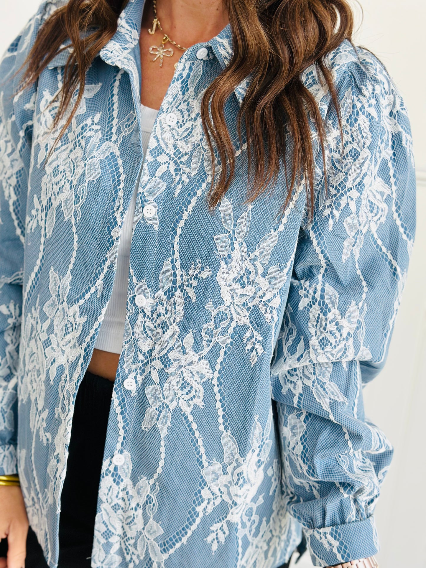 Denim Floral Embroidered Mesh Shirt (Reg & Plus)