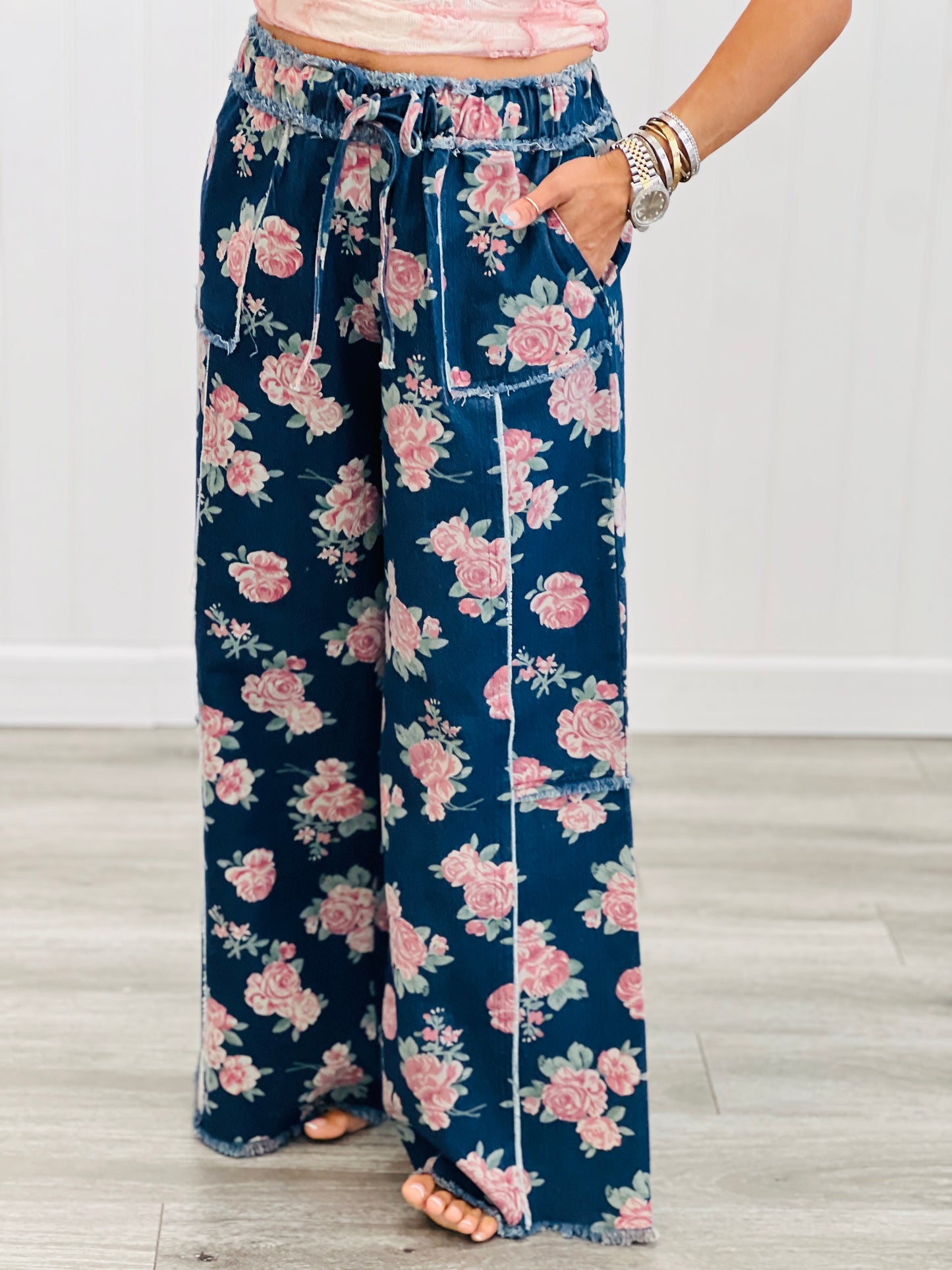 Dark Denim Floral Print Pants (Reg & Plus)