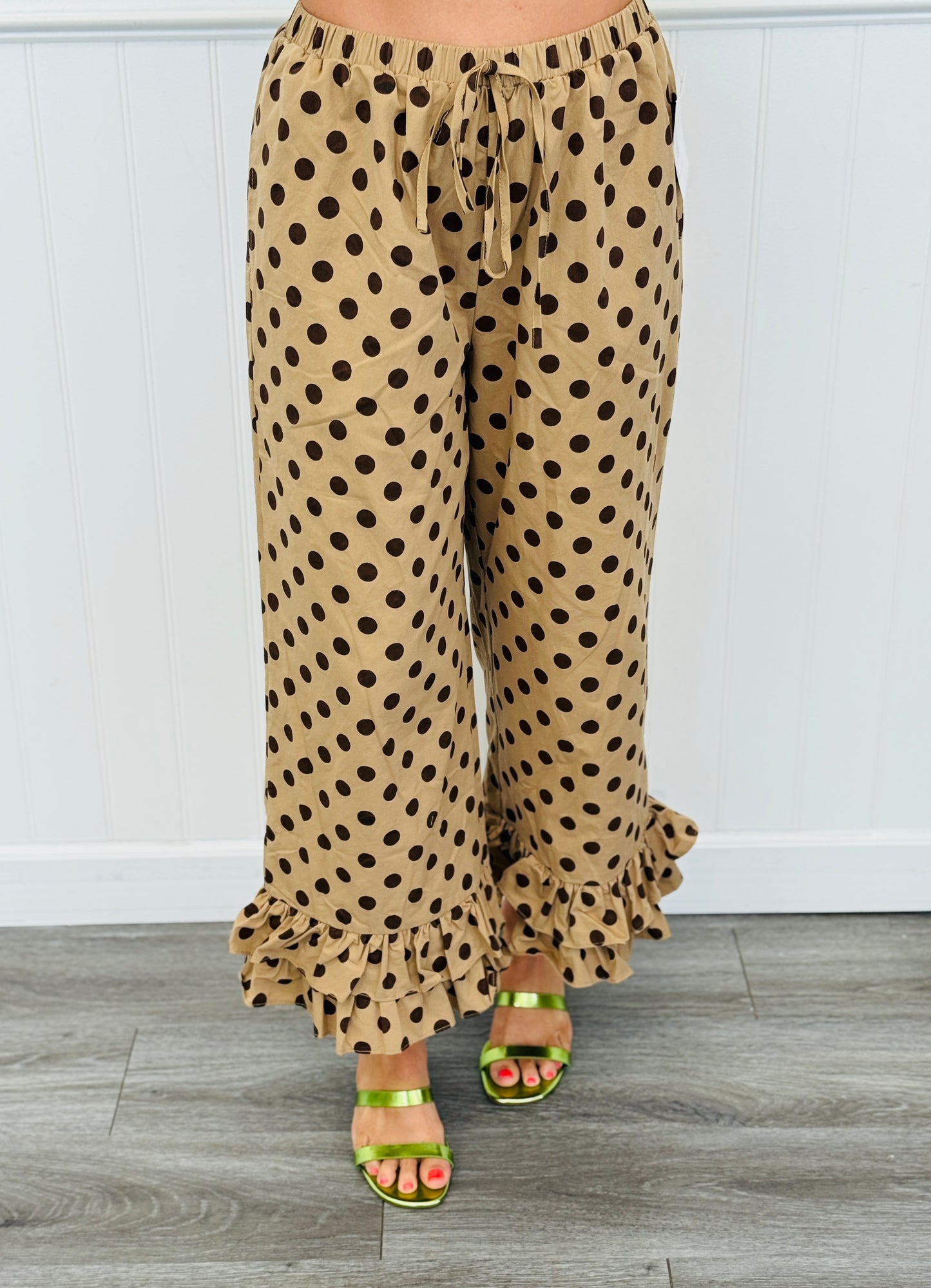 Taupe/Brown Ruffled Hem Polka Dot Pants (Reg.)