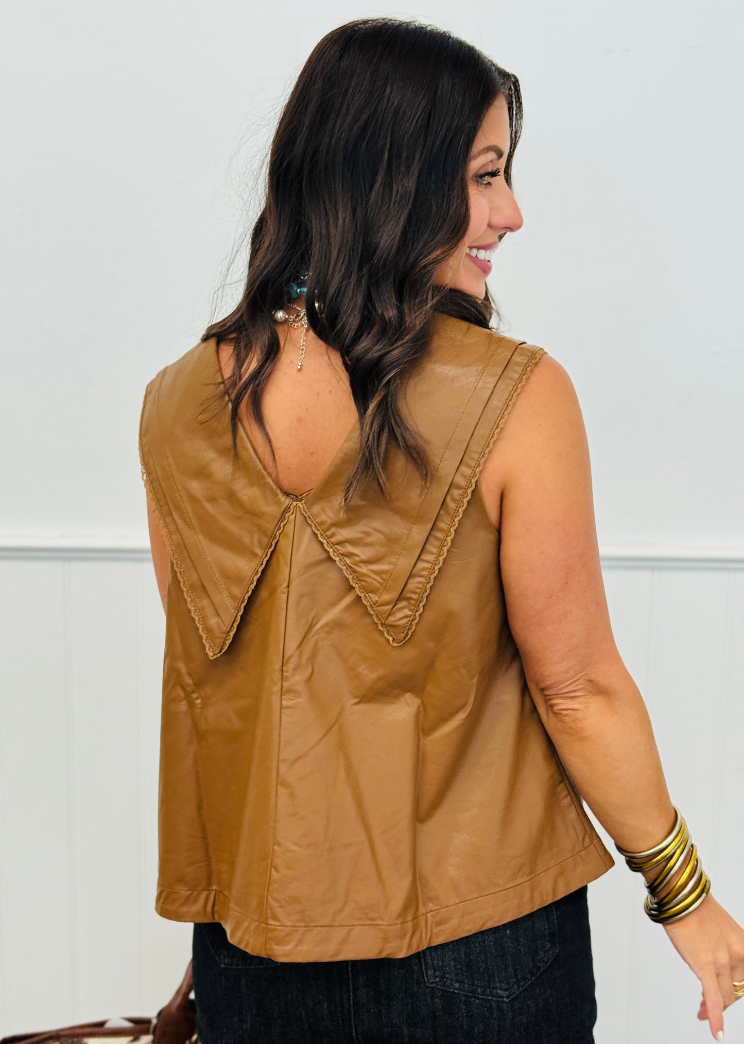Brown Faux Leather Lace Trim Collar Blouse (Reg.)