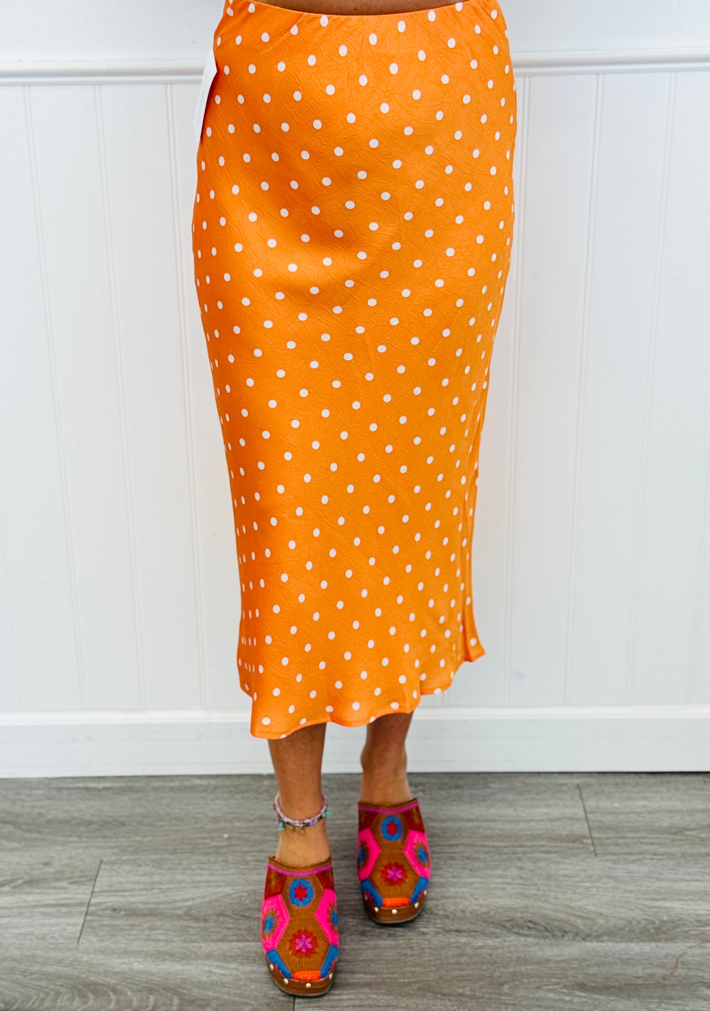 Orange/White Polka Dot Mid Rise Maxi Skirt (Reg.)