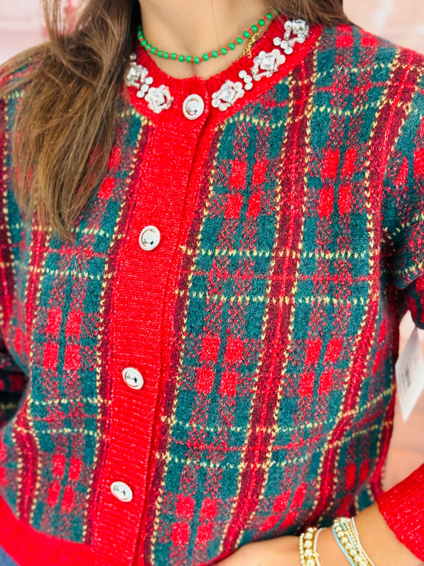 Red Plaid Jewel Trim Knit Jacket (Reg.)