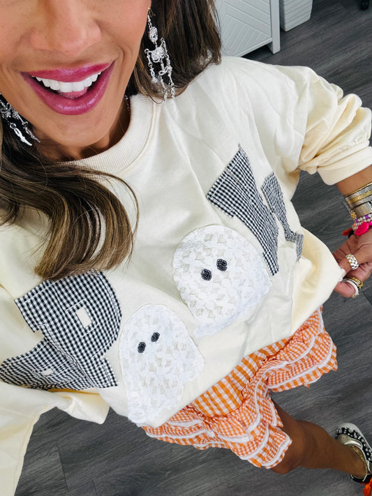 Cream Gingham Spooky Lace Ghost Detail Sweatshirt (Reg.)