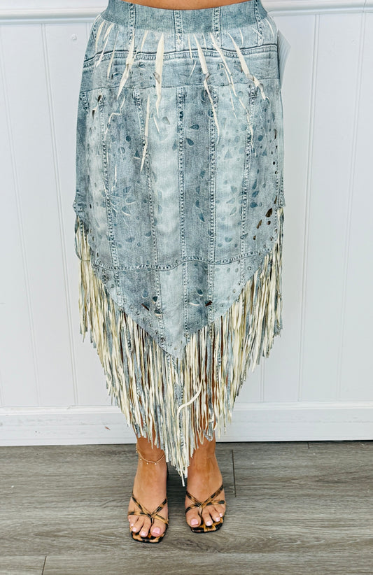 Denim Suede Fringe Hem Midi Skirt (Reg. and Plus)