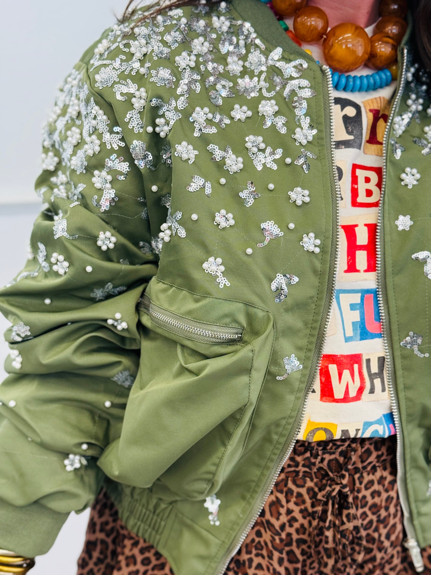 Olive Beaded Sequin Zip Up Jacket (Reg.)