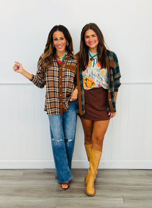 Plaid Corduroy Trim Shirt (Reg & Plus) - 2 Colors