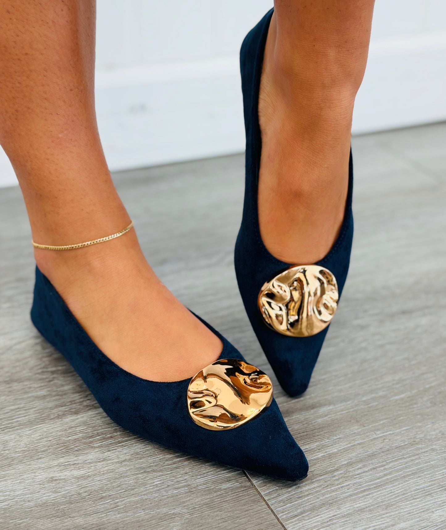 Navy Golden Touch Pointed Toe Flats