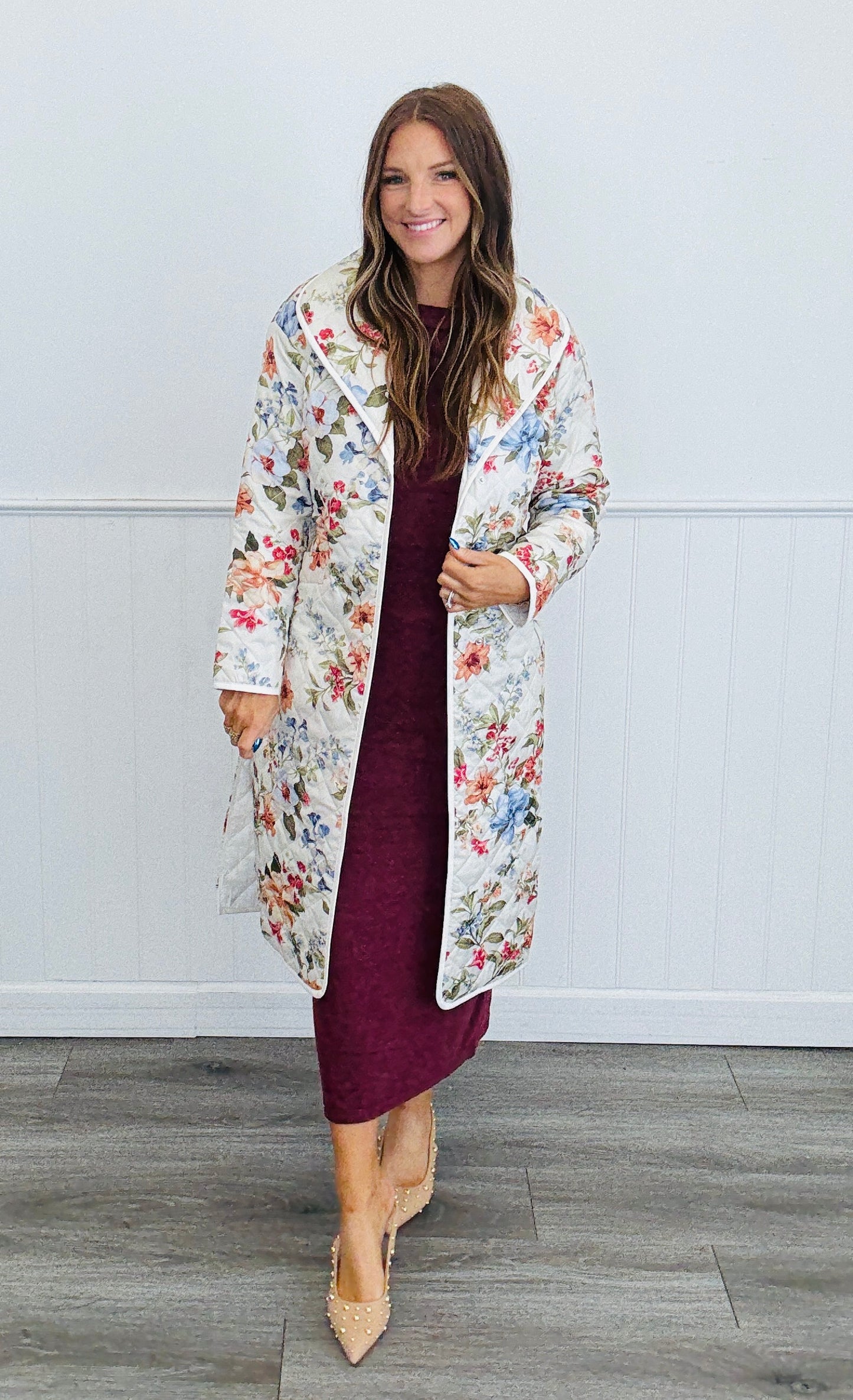 Floral Print Quilted Belted Coat (Reg. and Plus)