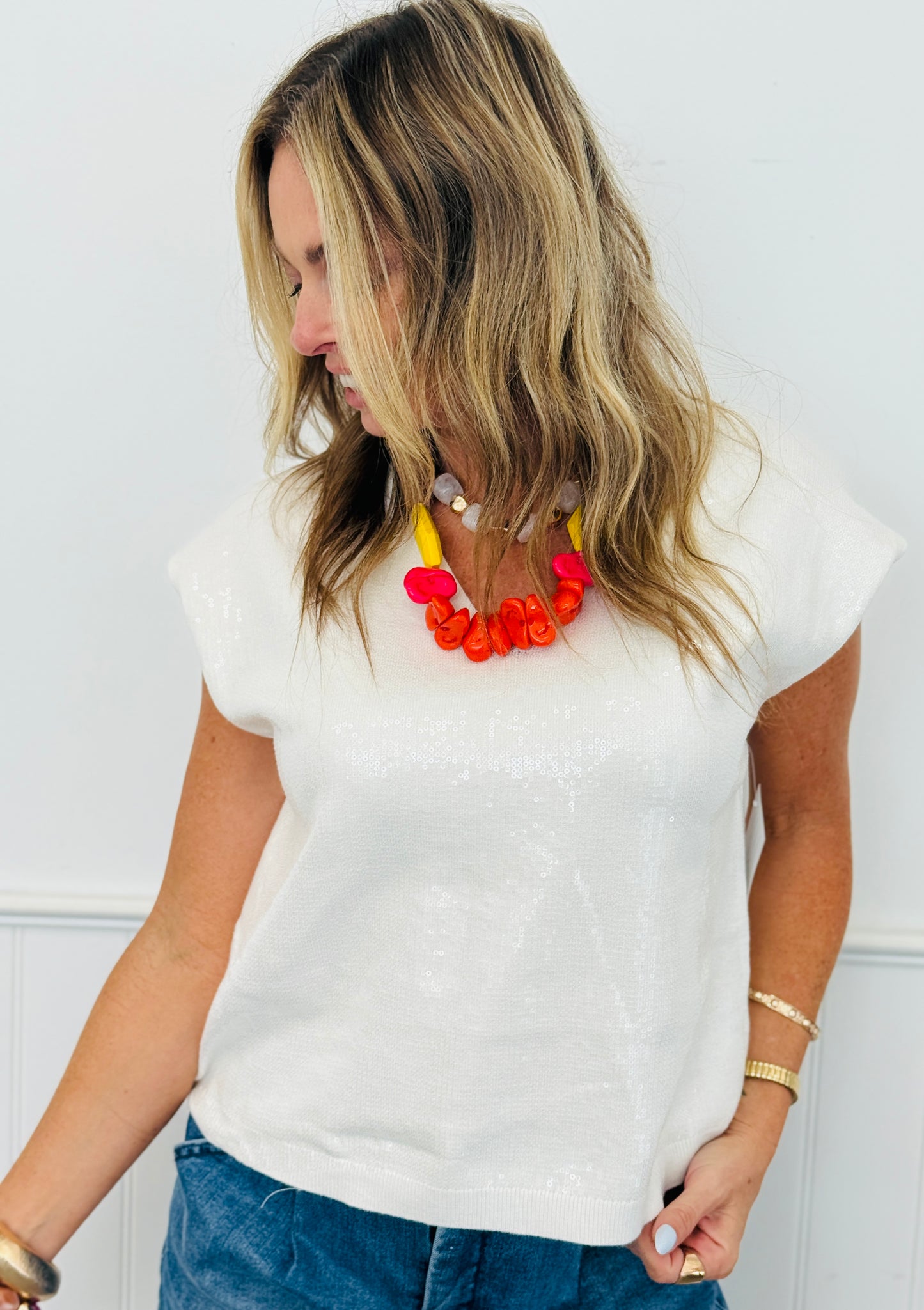 Ivory V-Neck Sequin Top (Reg.)