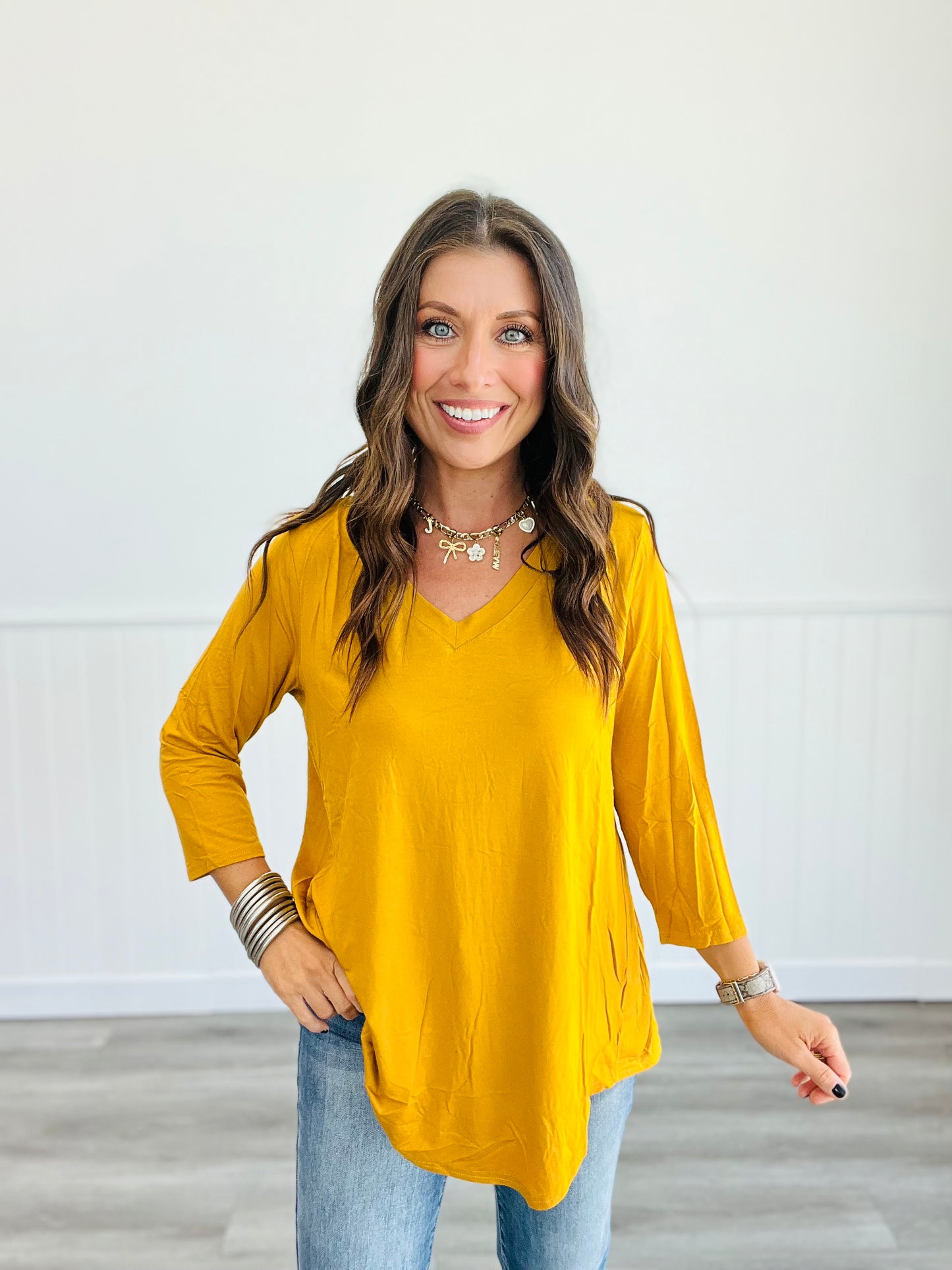 Solid V-Neck Mid Sleeve Top (Reg. & Plus)- 13 Colors