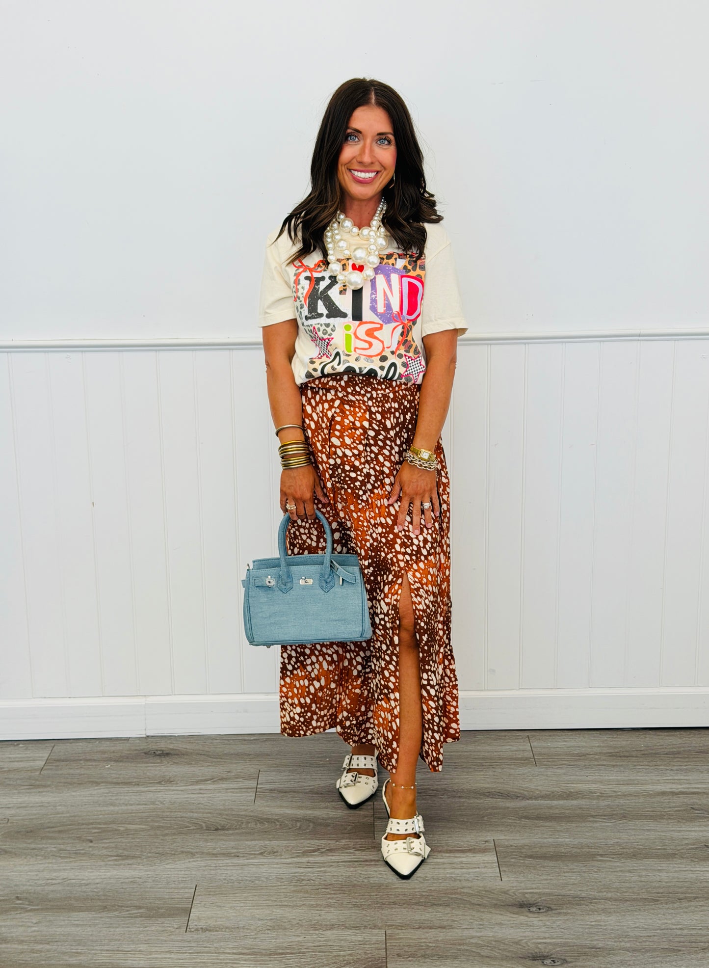 Rust Deer Print Front Slit Midi Skirt (Reg.)