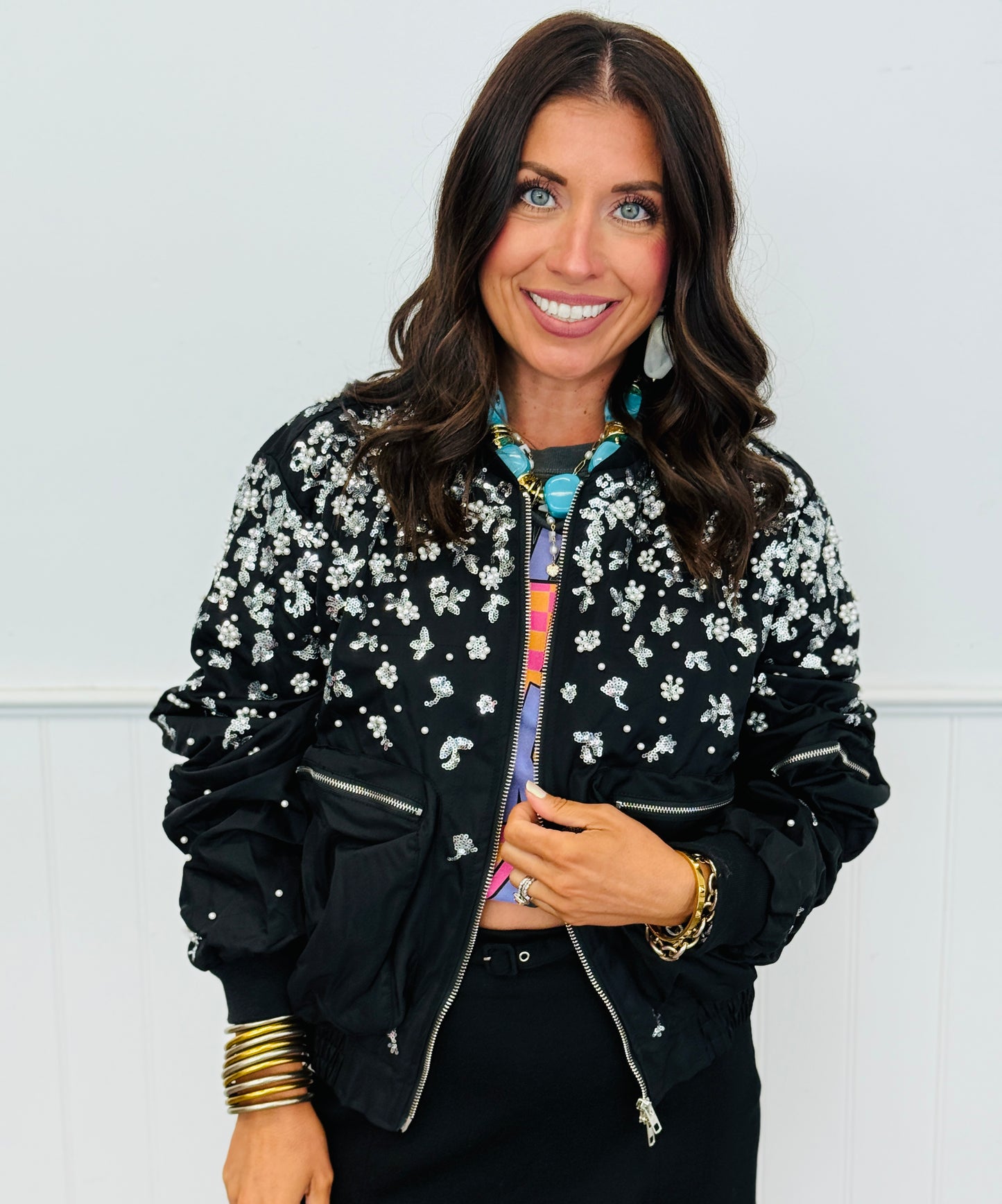Black Beaded Sequin Zip Up Jacket (Reg.)