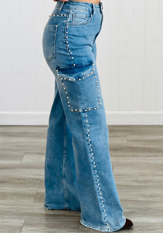 Medium Denim Pearl Studded Wide Leg Cargo Jeans (Reg.)