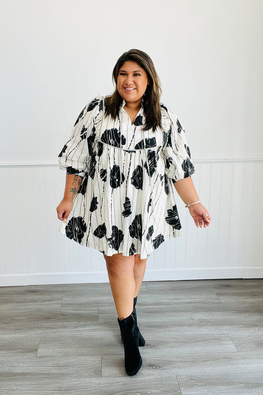 Black Abstract Floral Mini Dress (Plus)