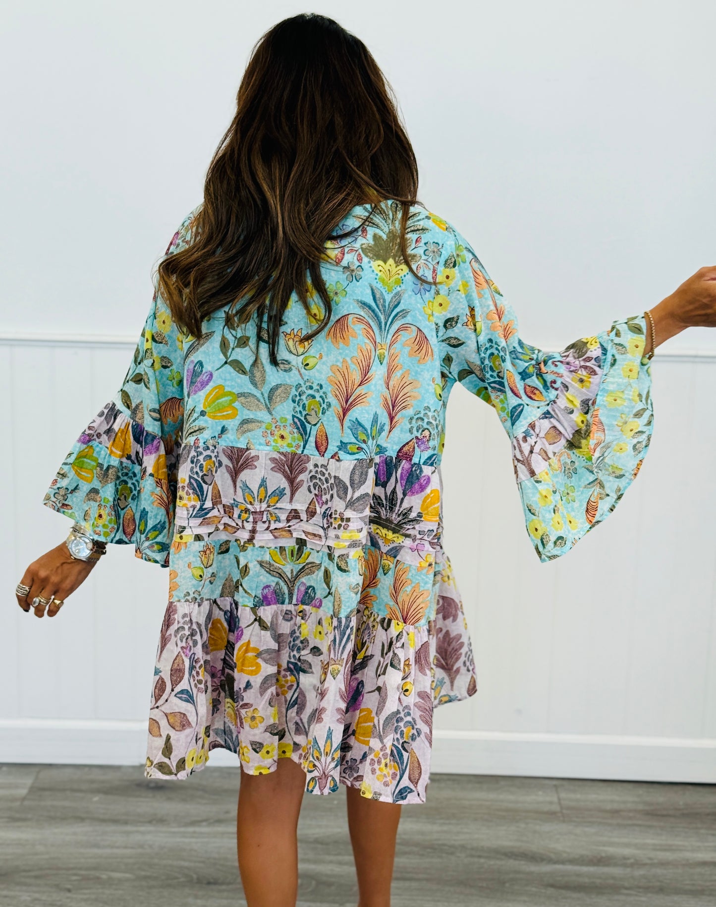 POL Blue/Pink Multi Seashell Trim Deep V-Neck Mini Dress (Reg.)