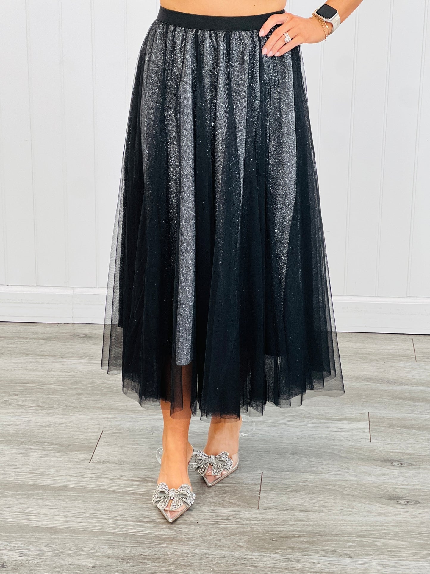 Black Sparkly Mesh Layer Midi Skirt (Reg. and Plus)