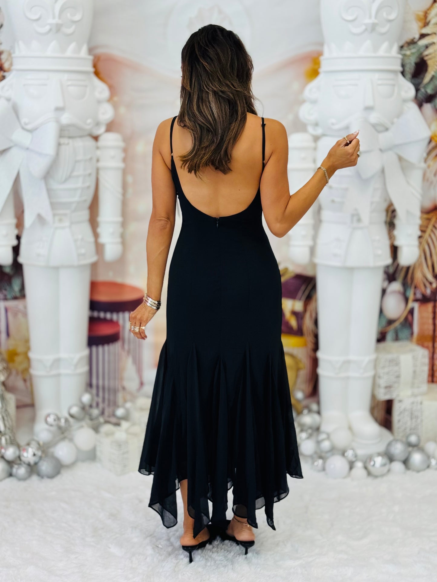 Black Chiffon Godet Midi Dress (Reg.)