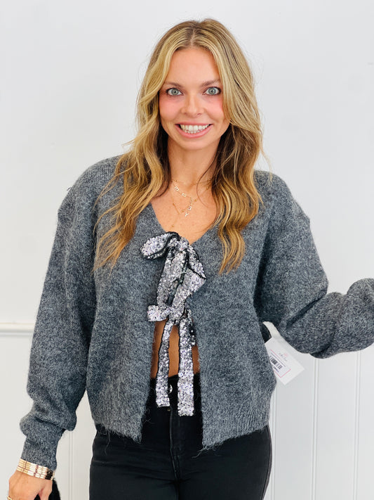 Charcoal Sequin Front Tie Cardigan (Reg.)
