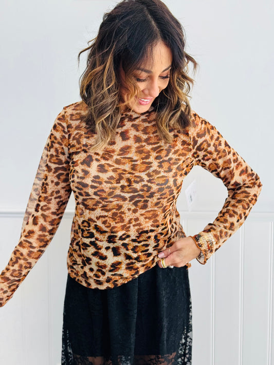 Mocha Brown Leopard Mock Neck Mesh Top (Reg. and Plus)