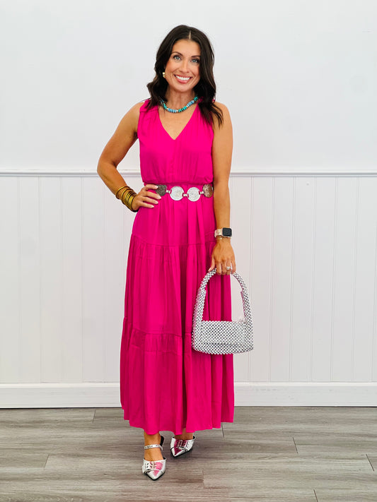 Pink Shirred Shoulder Tiered Maxi Dress (Reg. & Plus)