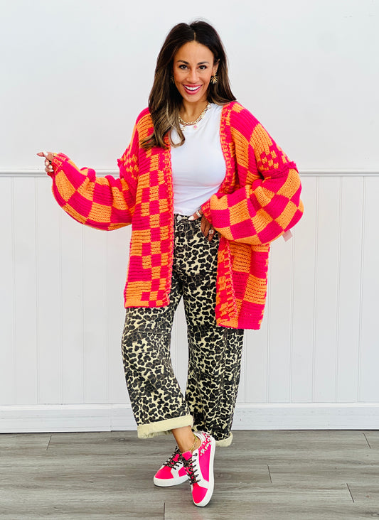 Fuchsia/Mustard Mixed Check Cardigan (Reg.)