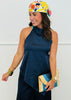 Navy Satin Strap Back Halter Top (Reg.)