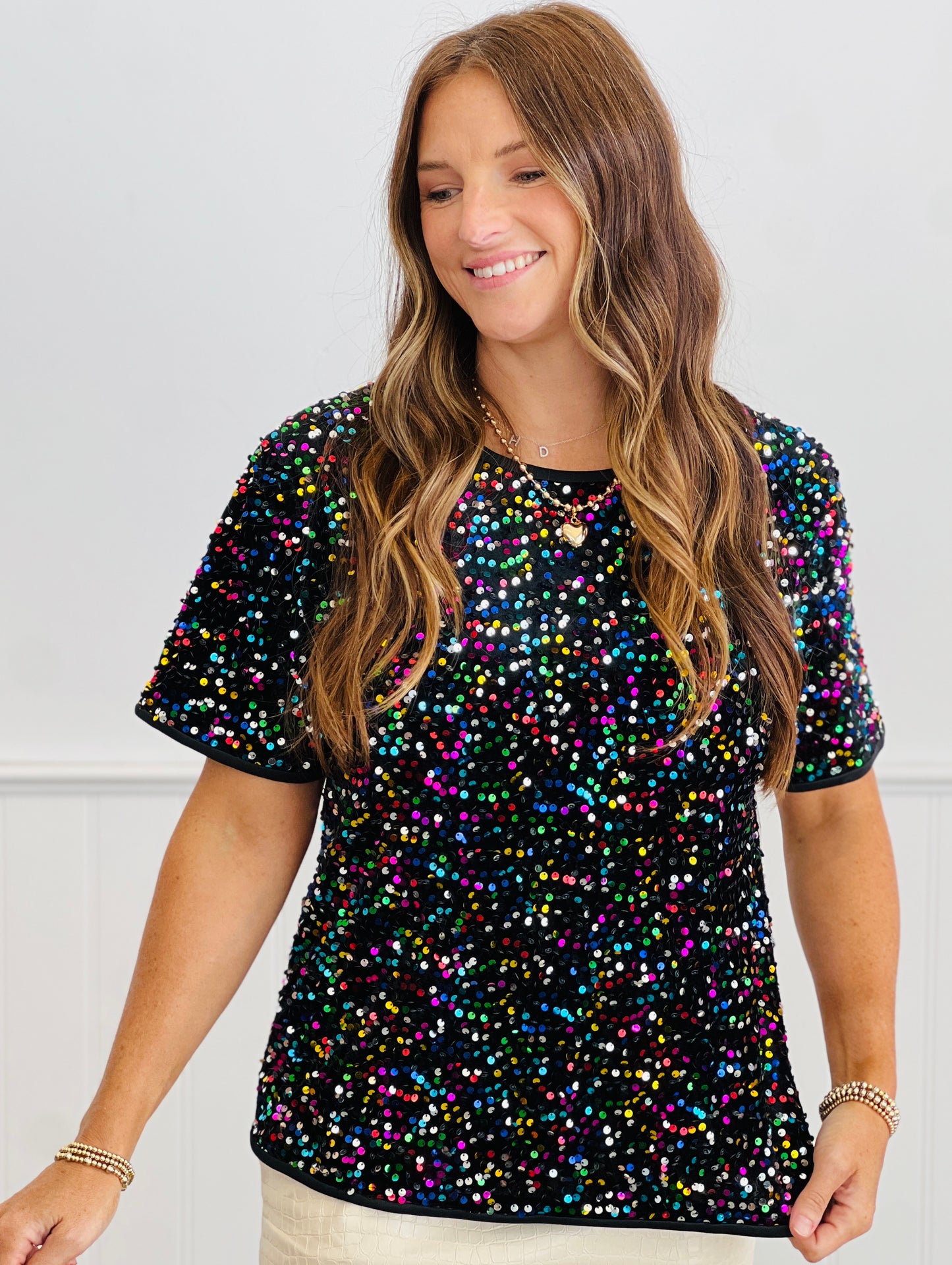 Black Multi Sequin Short Sleeve Top (Reg. and Plus)