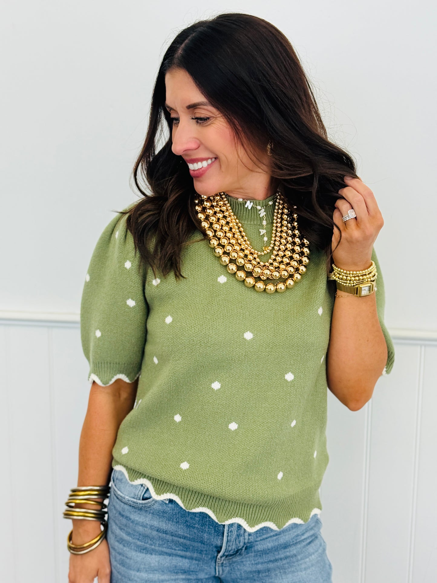 Short Sleeve Scalloped Polka Dot Top (Reg & Plus) - 2 Colors
