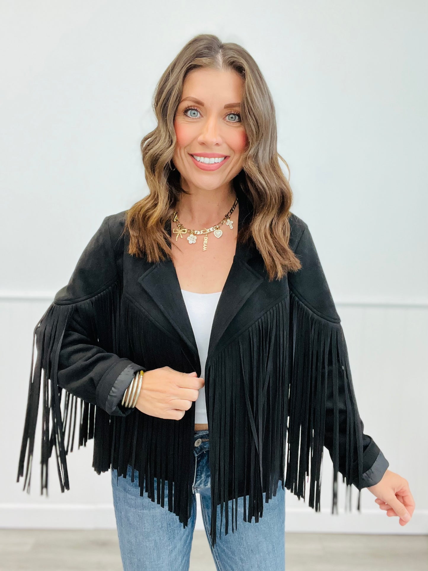 Black Faux Suede Fringe Jacket (Reg)