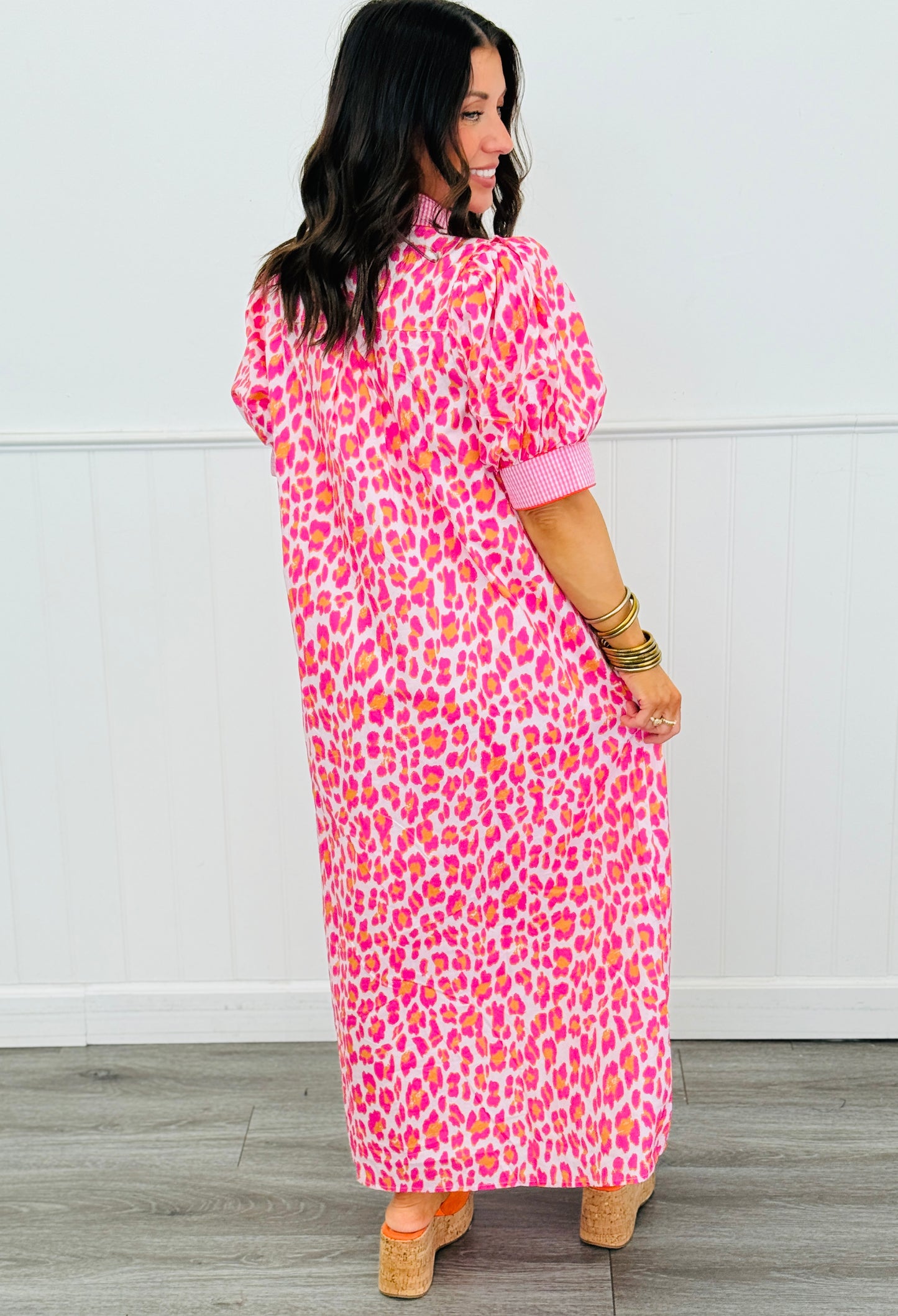 Pink Leopard Contrast Gingham Midi Dress (Reg. and Plus)
