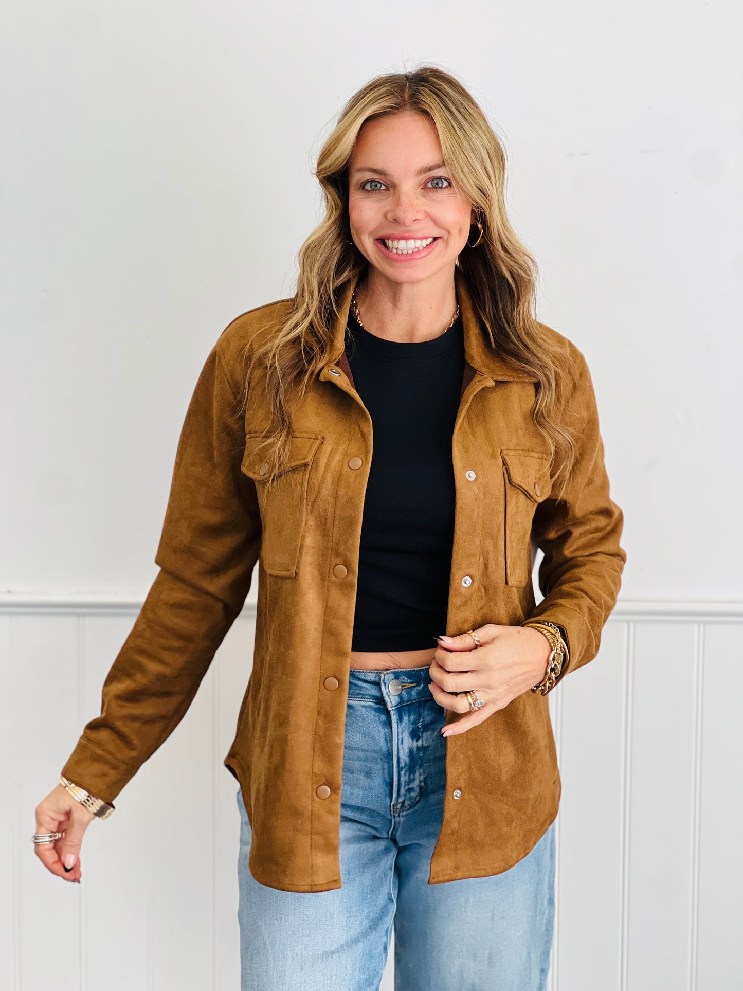 Faux Suede Snap Down Shacket (Reg)-2 Colors