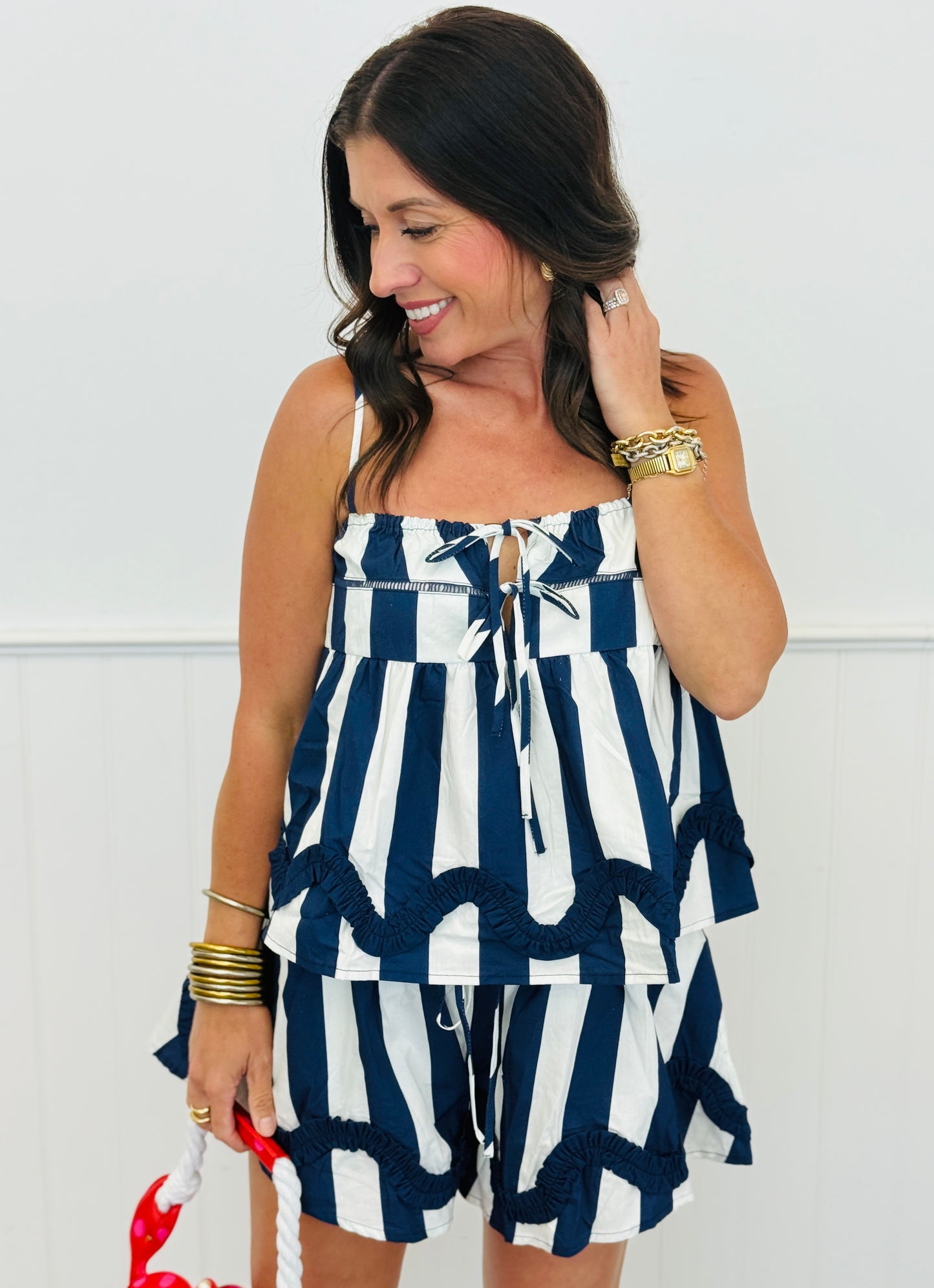 Navy/Off White Wide Stripe Babydoll Shorts Set (Reg.)