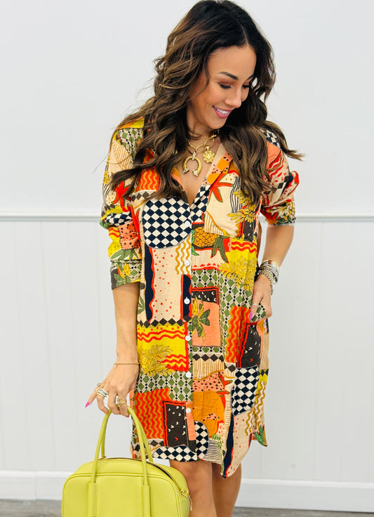 Pineapple Patchwork Button Up Mini Dress (Reg. & Plus)